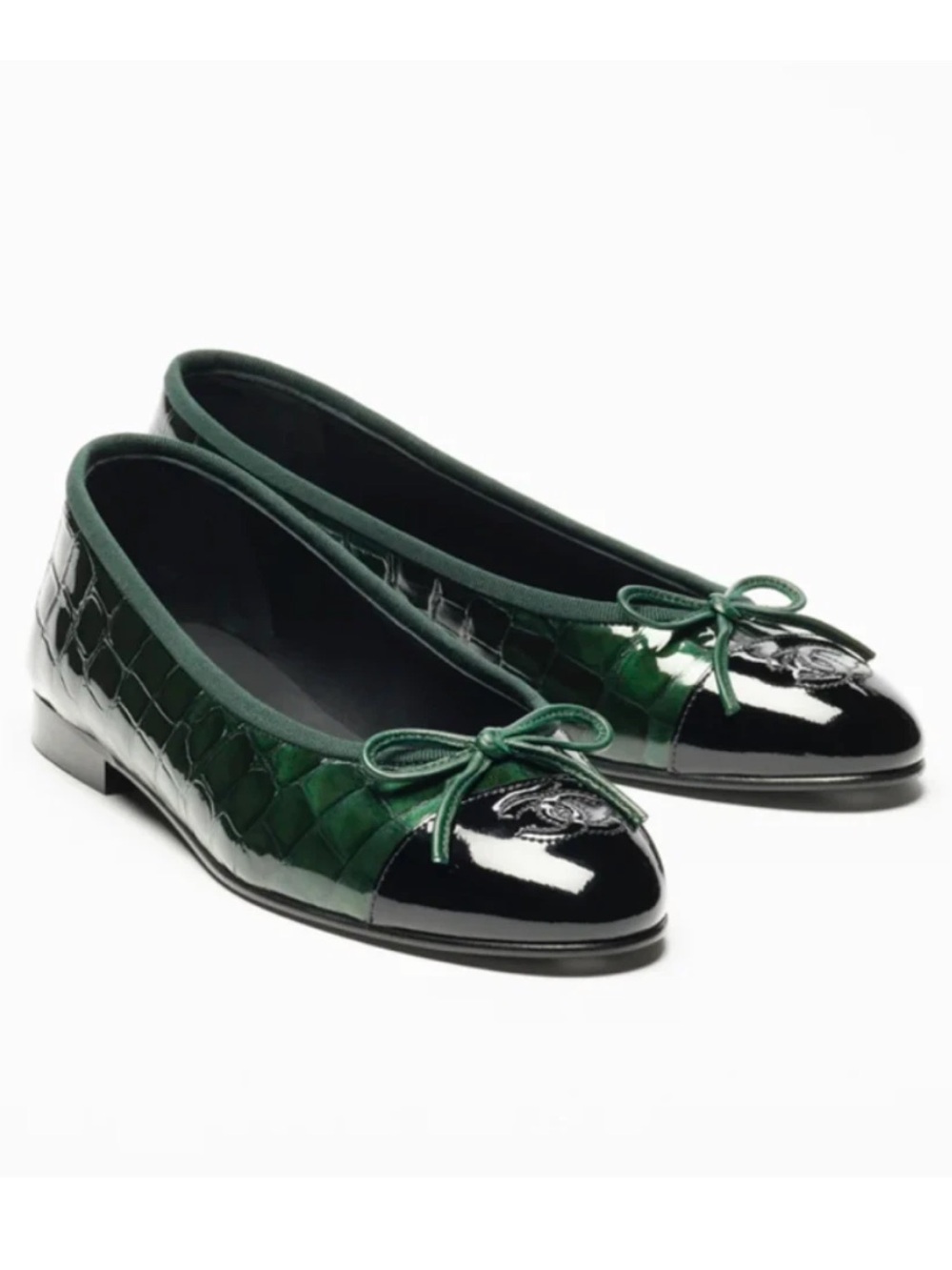 Chanel 26A Dark Green Black Crocodile Patent CC Logo Ballet Ballerina Flat 39 - Picture 3 of 16